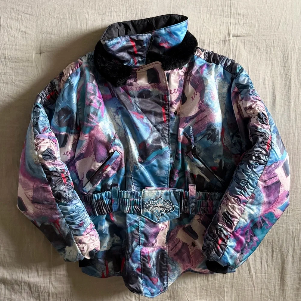 Vintage Polaris Snowmobile Puffer Jacket Thermoloft Abstract Map‎ Print